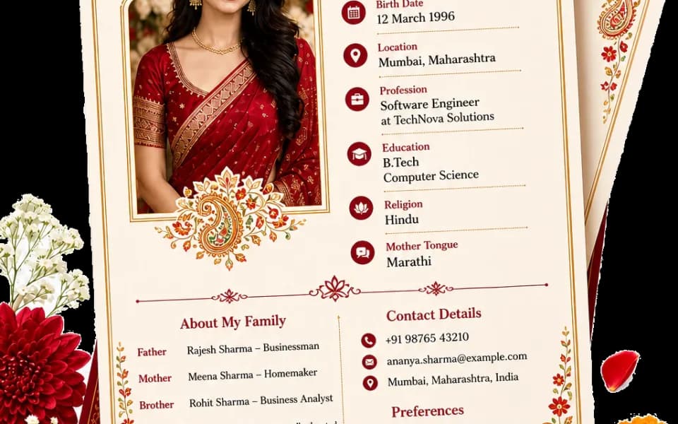 A traditional marriage biodata format with a photo, family details, and decorative Indian design elements